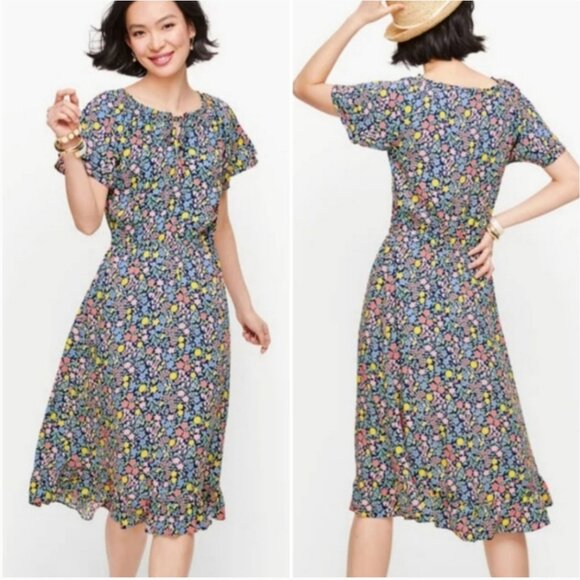 Talbots Midi Dress Flutter Sleeve Floral Coastal Cottage V Neck Tie Size 12 - Picture 3 of 16